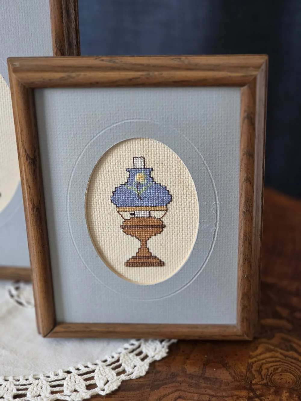 Framed Blue and Brown Cross-Stitch Home Accent Set by